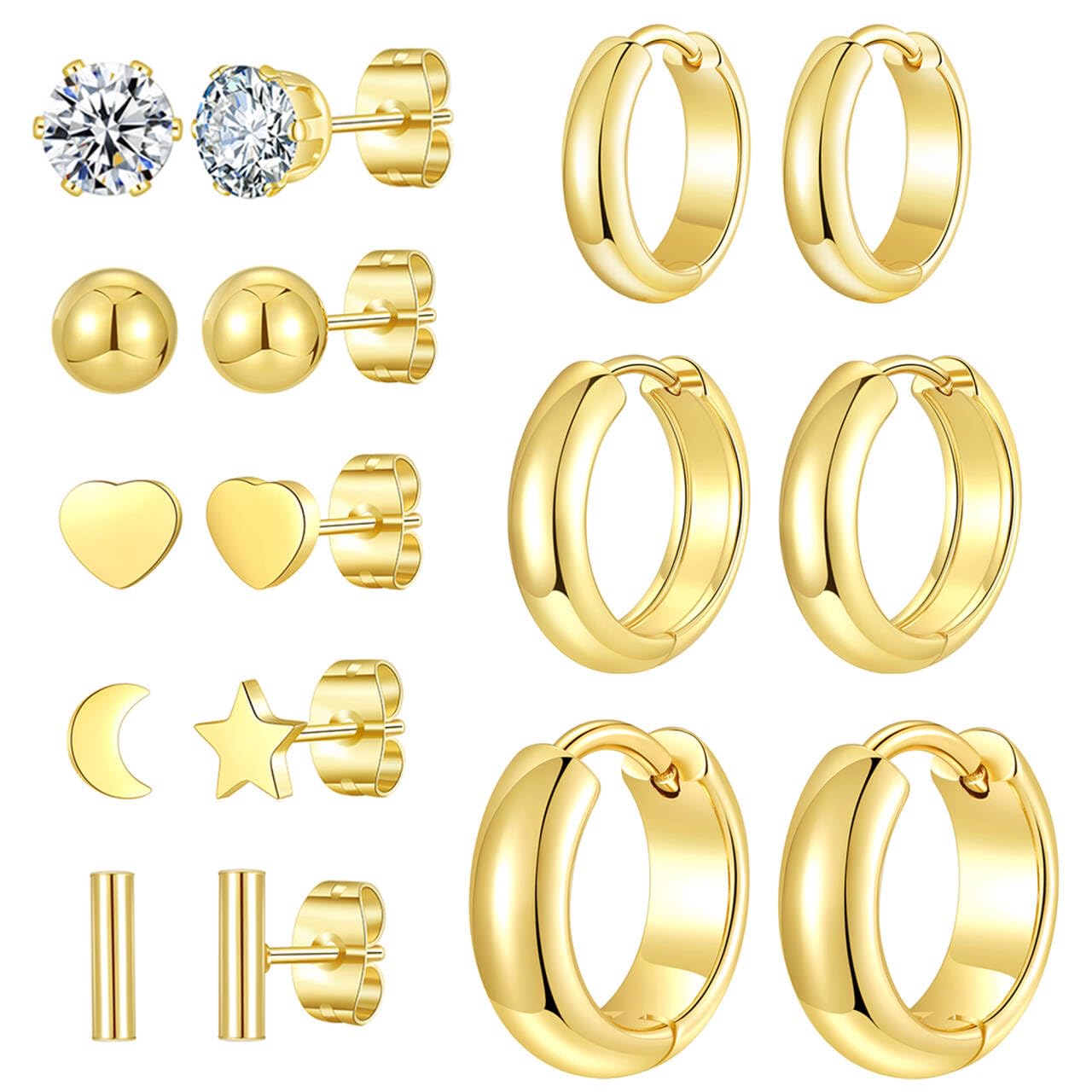 Stainless Steel Gold/Silver Plated Hoop Earrings for Women, Hypoallergenic 14k Gold Hoops Huggie Earrings Lightweight Cartilage Small CZ Ball Flatback Studs Earring Pack for Multiple Piercing